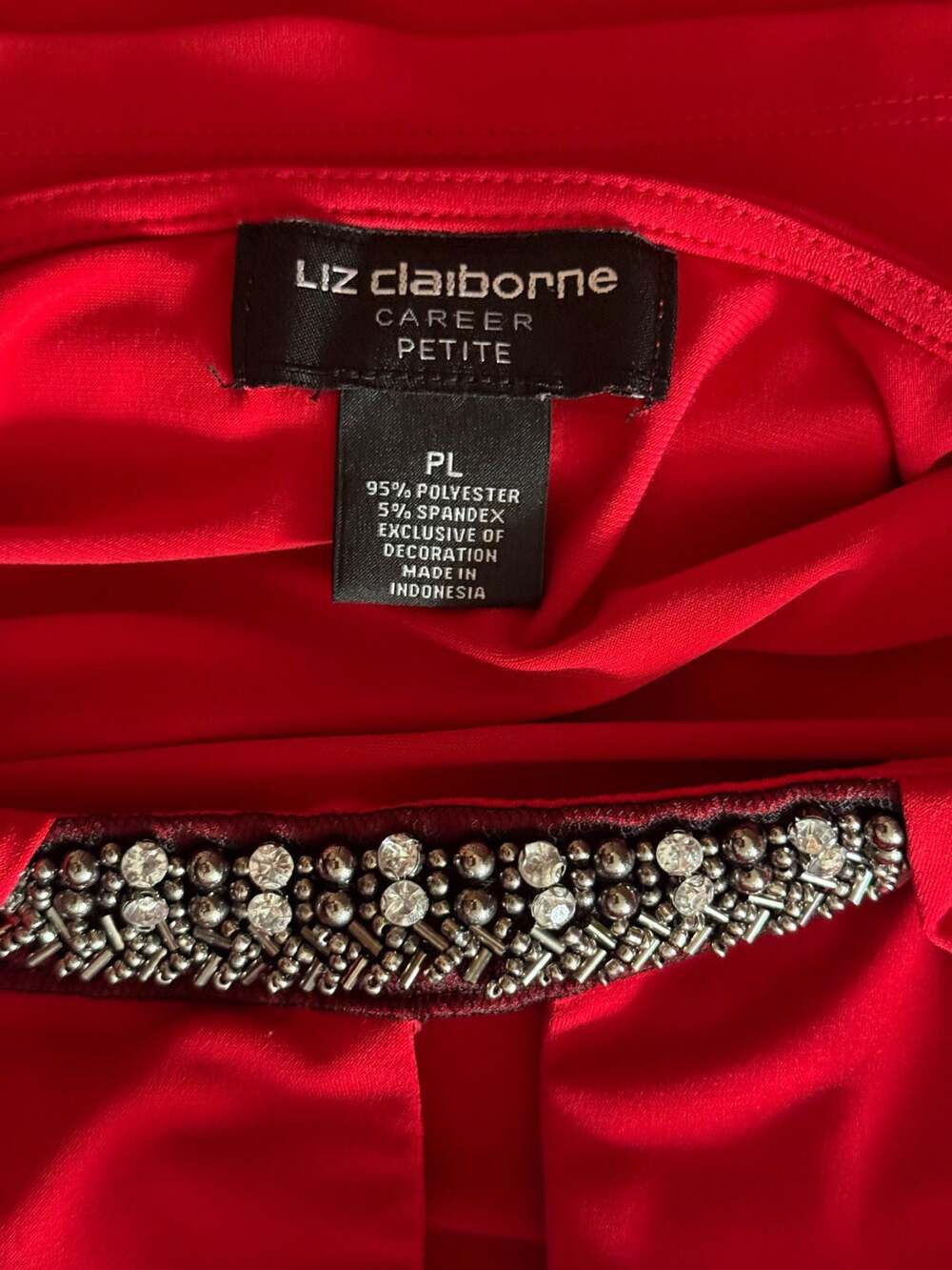 Liz Claiborne Career Petite Red 3/4 Sleeve Embellished Neckline Blouse - Picture 4 of 4